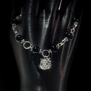 Silver and Black Cat Pendant Bracelet